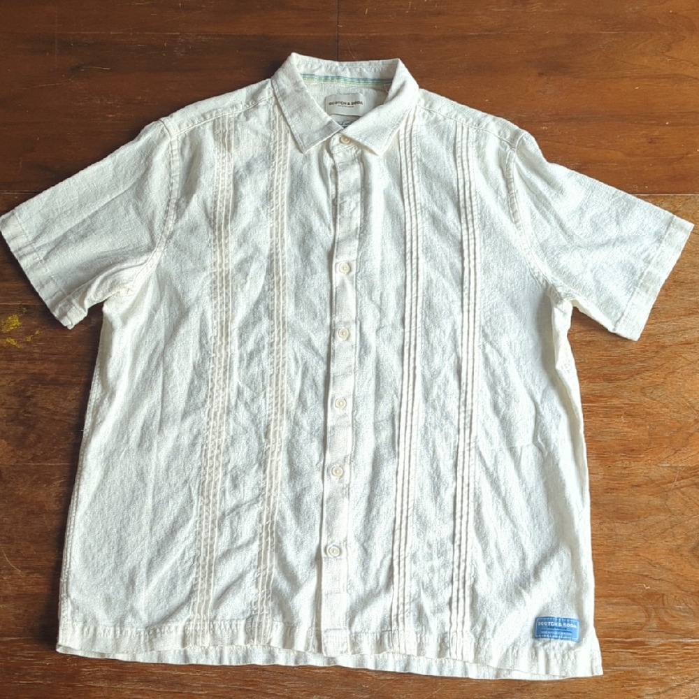 Scotch & Soda Men's Textured Linen Blend Cream Short Sleeve Button Down Shirt, L - Picture 3 of 10